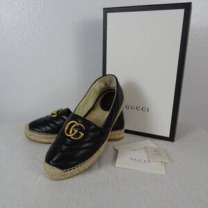 GUCCI Women's Pilar GG Matelassé Espadrille Flats Black Nero Size 36.5 6.5